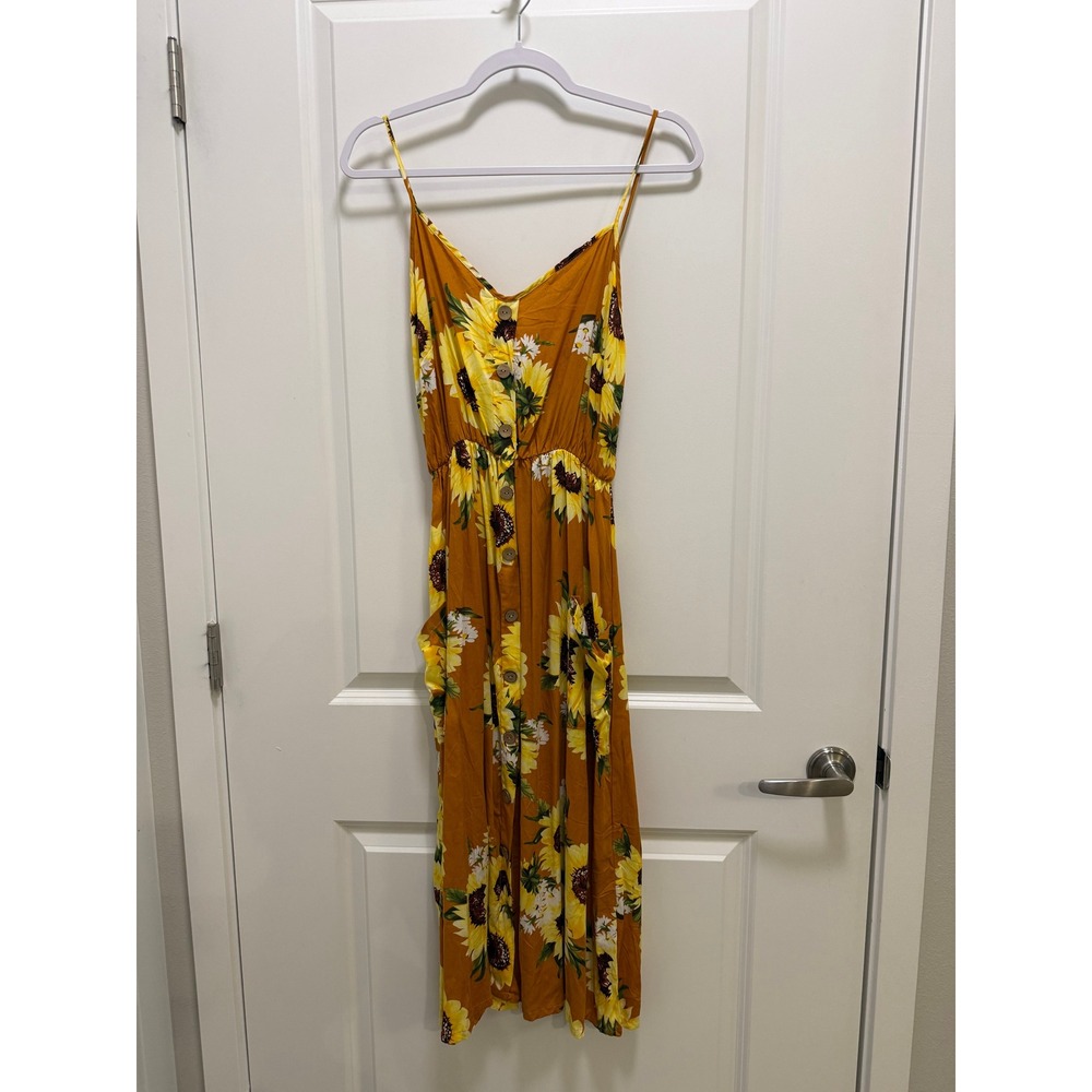 Nali Collection Sunflower Print Button Front Midi Dress Mustard Yellow Large NEW